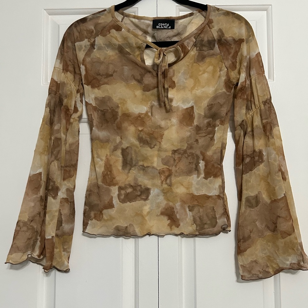 Vintage Y2K Costa Blanca Multicolour Tan Tie-Front Blouse with Bell Sleeves